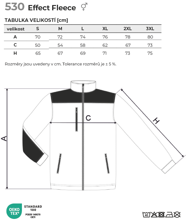 530 Effect fleece unisex Tabulka velikostí